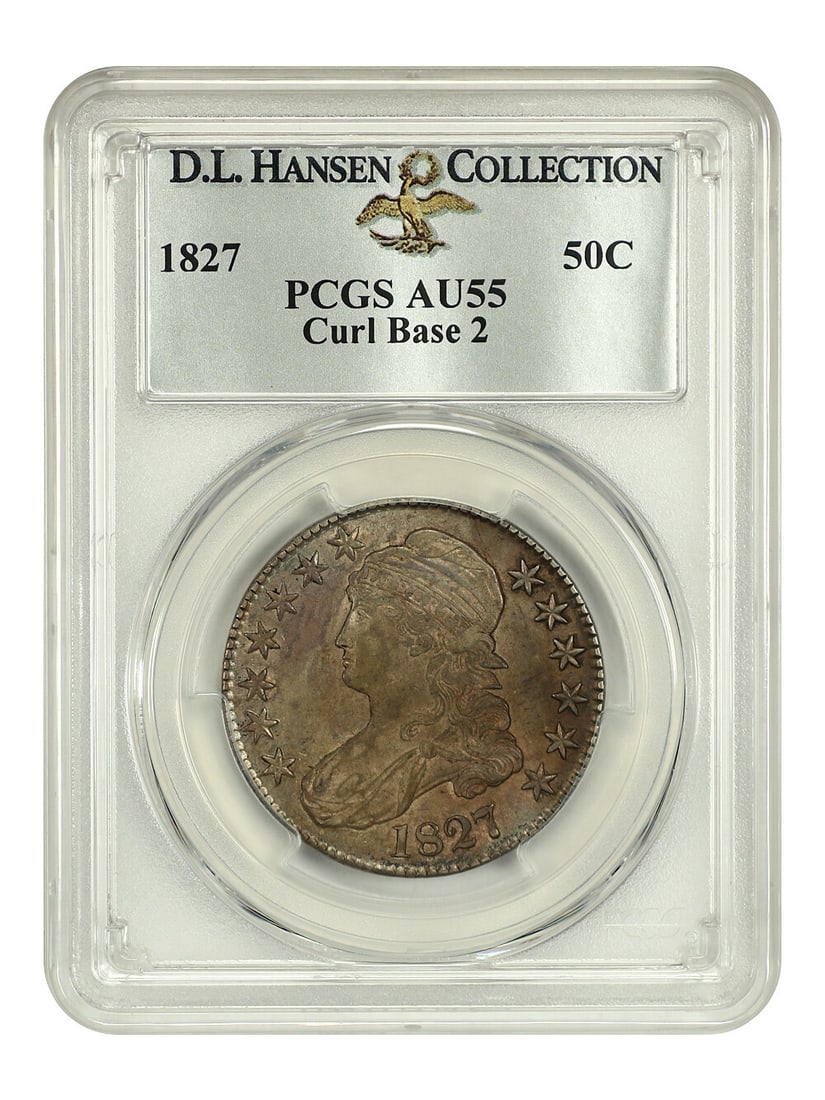 1827 Capped Bust Half Dollar 50C PCGS AU55 Curl Base 2 D.L. Hansen: 1827 Capped Bust Half Dollar 50C PCGS AU55 Curl Base 2 D.L. Hansen This 1827 Capped Bust Half Dollar is graded AU55 by PCGS, showcasing a dusty yet original appearance with ample underlying mint luste