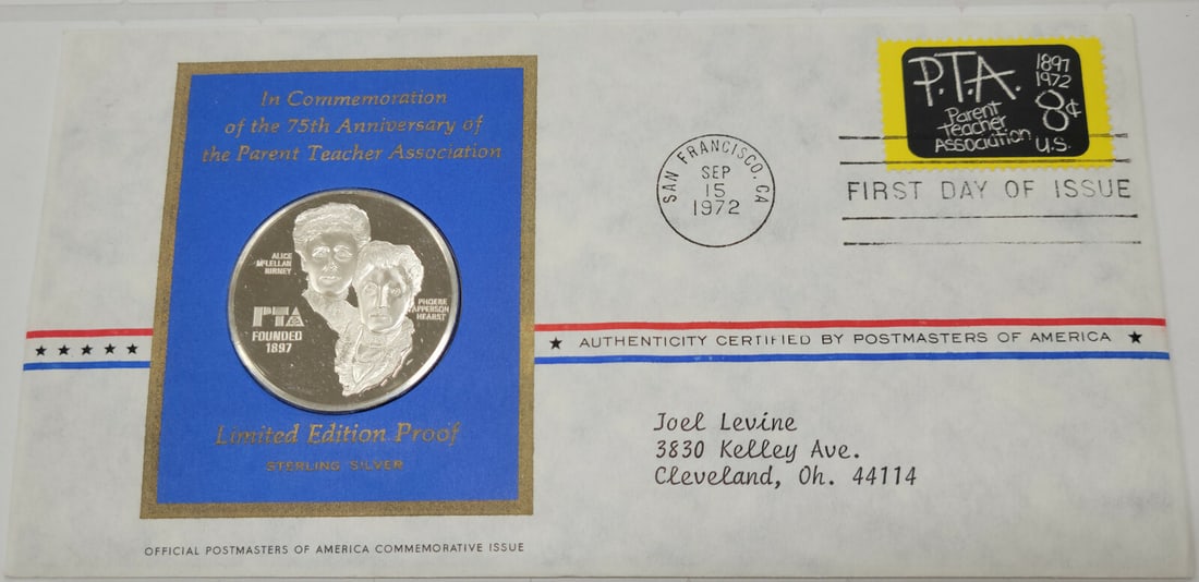 75th Anniversary Silver Proof PTA Medal and 1972 First Day Stamp: 75th Anniversary Silver Proof PTA Medal and 1972 First Day Stamp This commemorative set celebrates the 75th Anniversary of the Parent Teachers Association with a 1972 silver proof medal and a matching