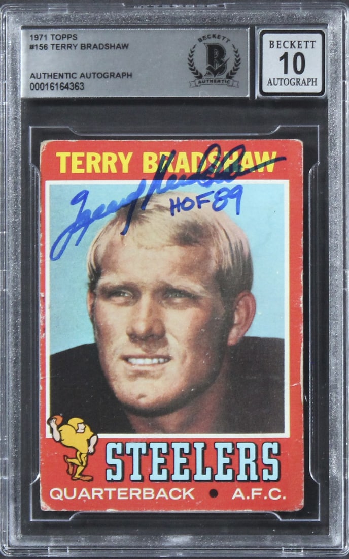 Terry Bradshaw Signed 1971 Topps #156 RC HOF 89 Gem Mint 10 Beckett: Terry Bradshaw Signed 1971 Topps #156 RC HOF 89 Gem Mint 10 Beckett Celebrate the legacy of football legend Terry Bradshaw with this autographed 1971 Topps #156 Rookie Card, graded Gem Mint 10 by Beck