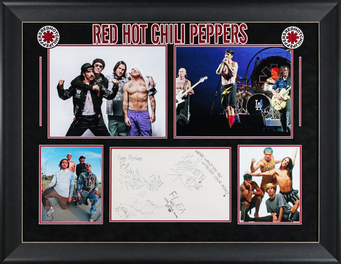 Red Hot Chili Peppers Signed Framed Cut 8.5x14 with Beckett LOA: Red Hot Chili Peppers Signed Framed Cut 8.5x14 with Beckett LOA This stunning framed cut signature features the autographs of Anthony Kiedis, Flea, Chad Smith, and John Frusciante, members of the icon