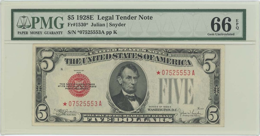 1928E $5 Legal Tender Note FR#1530* PMG 66 Gem UNC EPQ (1 of 2)