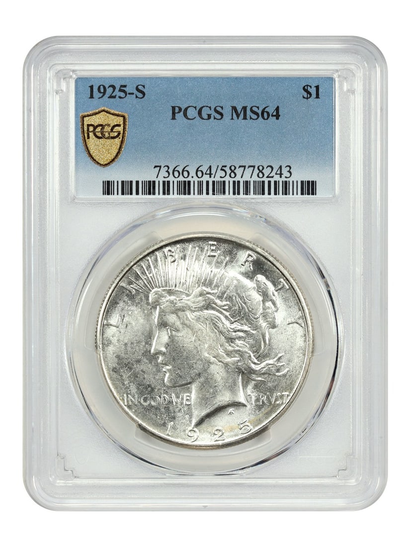PCGS MS64 1925-S Peace Dollar Silver Coin Uncirculated Scarce San Francisco Mint: PCGS MS64 1925-S Peace Dollar Silver Coin Uncirculated Scarce San Francisco Mint This 1925-S Peace Dollar is certified by PCGS with a grade of MS64, indicating an un-used and well-preserved coin. Stru