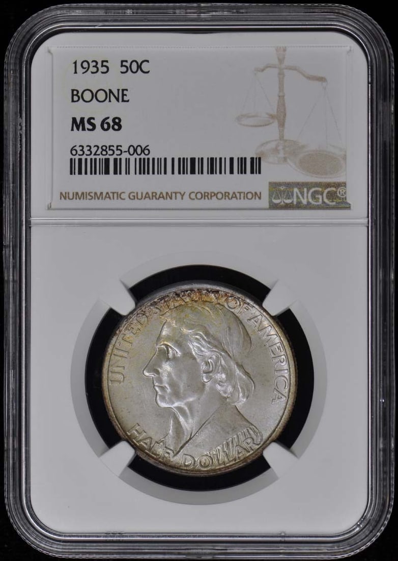 1935 Boone Silver Half Dollar NGC MS68 Commemorative Coin: 1935 Boone Silver Half Dollar NGC MS68 Commemorative Coin This is a 1935 Boone Silver Commemorative 50-cent coin, graded MS68 by NGC. The coin was minted in Philadelphia and is uncirculated. It origin
