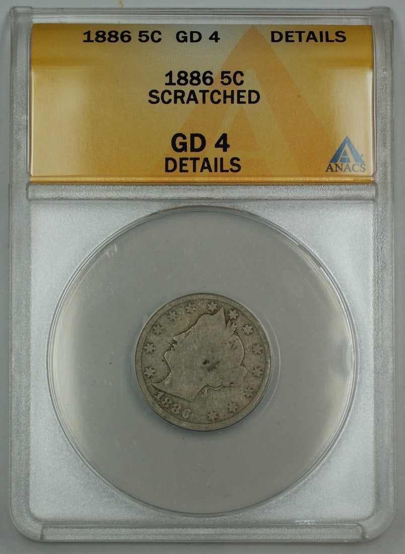Certified 1886 Liberty V Nickel 5 Cent ANACS G-4 Details Scratched: Certified 1886 Liberty V Nickel 5 Cent ANACS G-4 Details Scratched This 1886 Liberty V Nickel 5-cent coin has been certified by ANACS with a grade of G-4 Details. The coin is circulated and features n