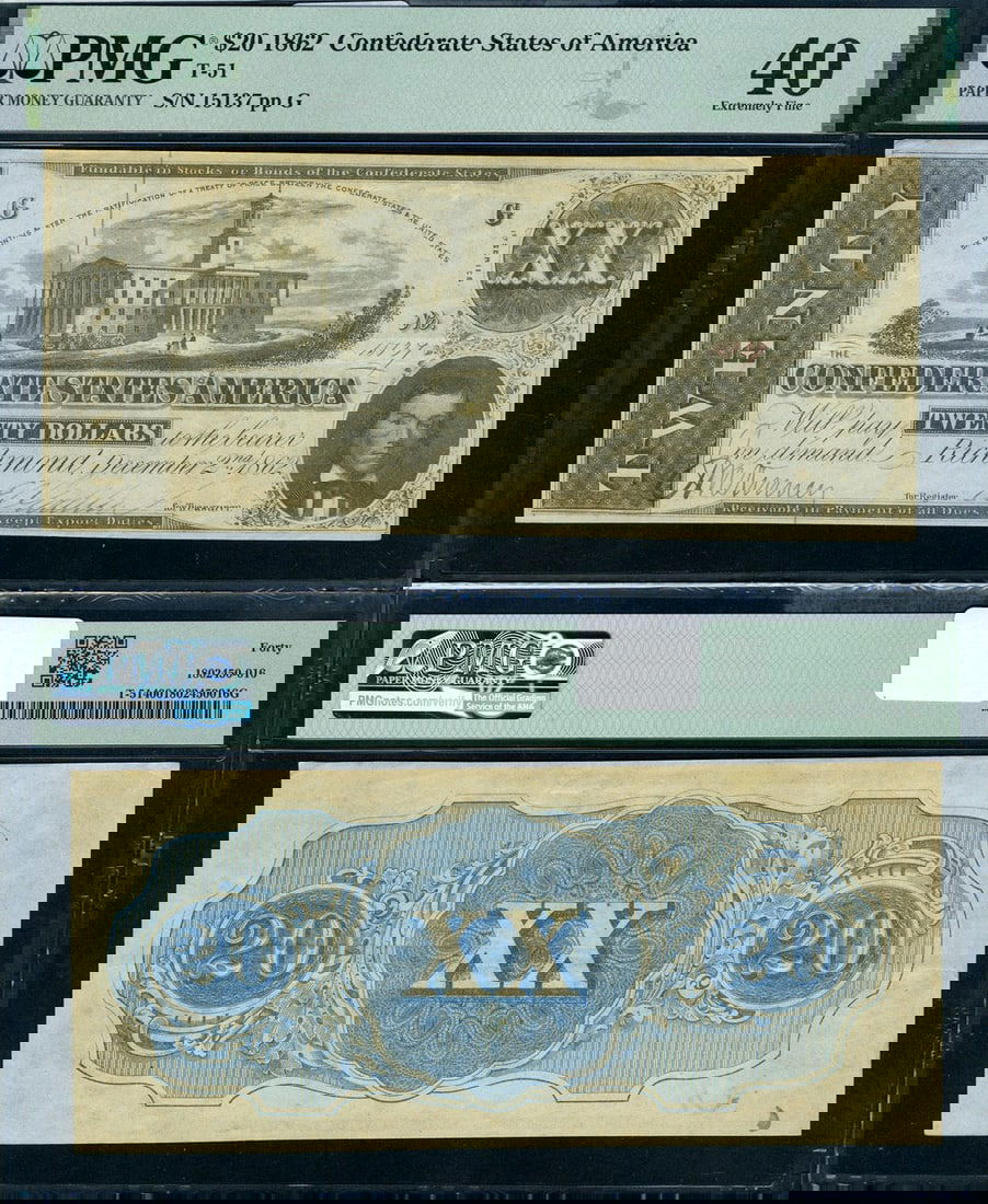 1862 T-51 $20 Confederate Note CR-366 PMG XF40 Full Frame: 1862 T-51 $20 Confederate Note CR-366 PMG XF40 Full Frame This is a T-51 $20 Confederate Note from 1862, graded PMG XF40. This note is circulated and features original paper quality with vibrant color