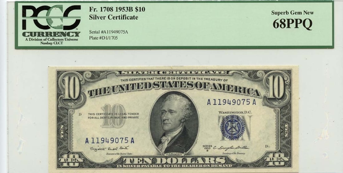 1953B $10 Silver Certificate Fr# 1708 PCGS Superb Gem 68 PPQ: 1953B $10 Silver Certificate Fr# 1708 PCGS Superb Gem 68 PPQ This 1953 $10 Silver Certificate, designated as Fr# 1708, is certified by PCGS with a grade of Superb Gem 68 PPQ. It is an uncirculated not