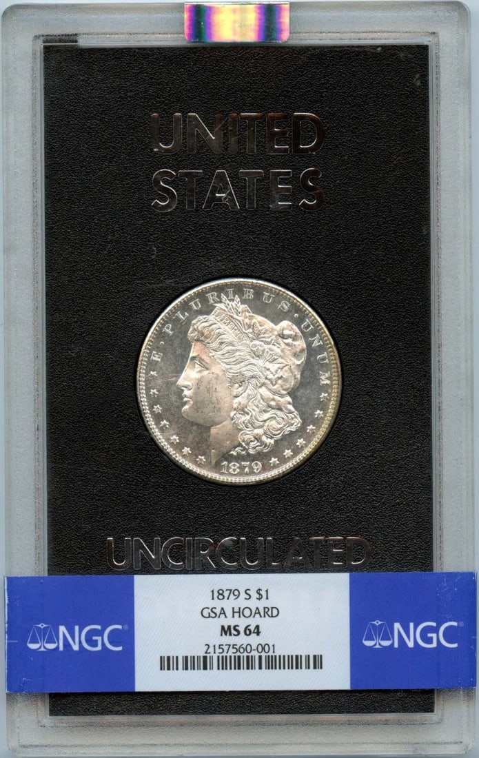 NGC MS64 1879 San Francisco Morgan Silver Dollar from GSA Hoard: NGC MS64 1879 San Francisco Morgan Silver Dollar from GSA Hoard This is an un-used 1879-S Morgan Dollar from the GSA Hoard, certified by NGC with a grade of MS64. The coin originates from the San Fran