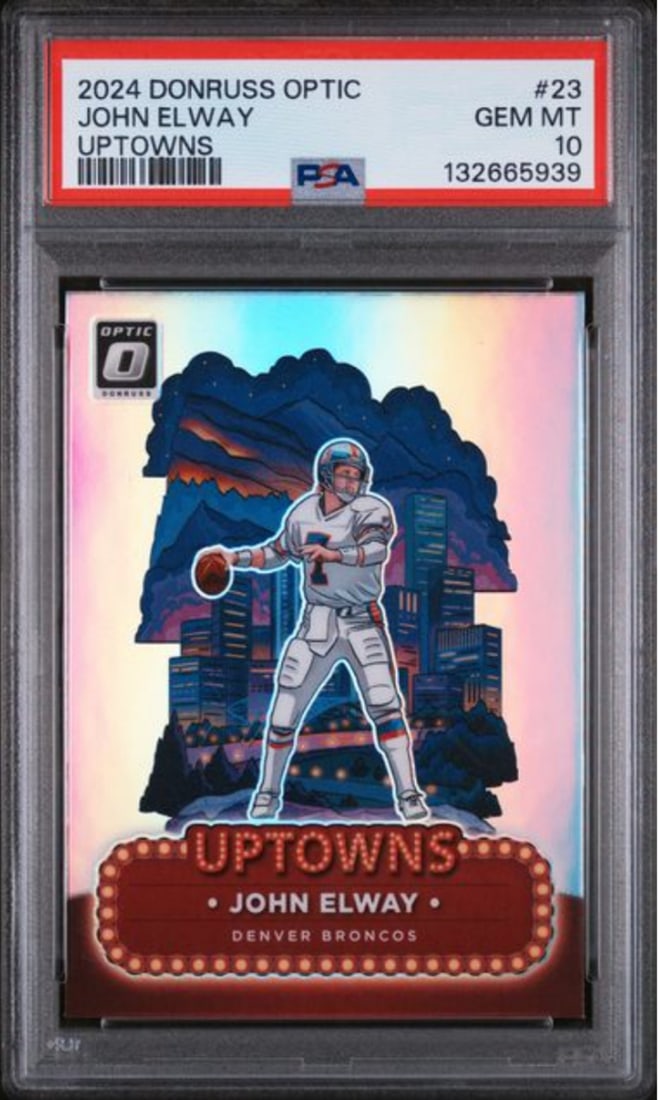 PSA 10 Graded 2024 Panini Donruss Optic John Elway #23 Football Card: PSA 10 Graded 2024 Panini Donruss Optic John Elway #23 Football Card This is a graded 2024 Panini Donruss Optic John Elway #23 Uptowns Football Card, boasting an impressive PSA grade of 10. The card i