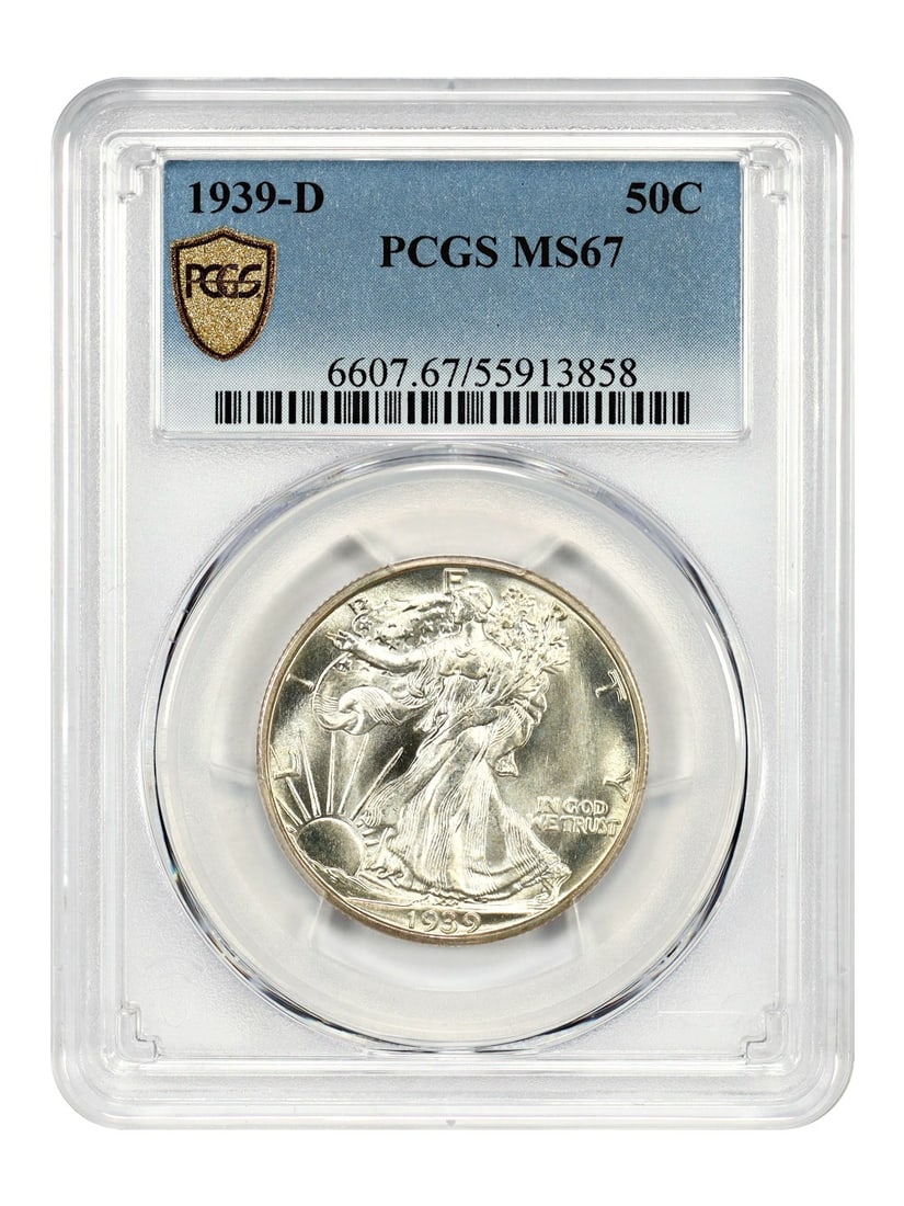 PCGS MS67 1939-D Walking Liberty Half Dollar Gem Uncirculated: PCGS MS67 1939-D Walking Liberty Half Dollar Gem Uncirculated This is a 1939-D Walking Liberty Half Dollar graded MS67 by PCGS, featuring exceptional luster with a slight yellow hue around the rims on