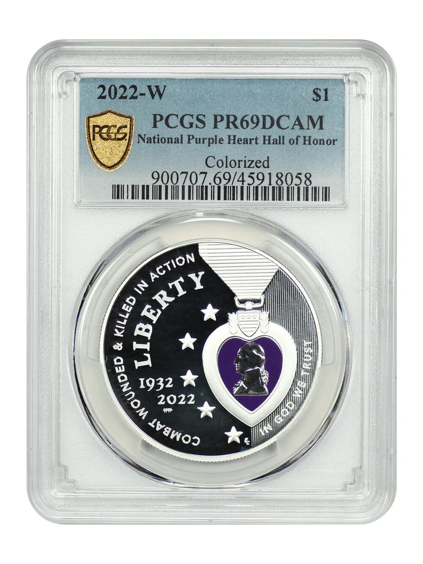 2022-W $1 National Purple Heart Hall of Honor PCGS PR69DCAM Colorized Coin: 2022-W $1 National Purple Heart Hall of Honor PCGS PR69DCAM Colorized Coin This 2022-W $1 National Purple Heart Hall of Honor coin is certified by PCGS with a PR69DCAM grade, indicating its exceptiona