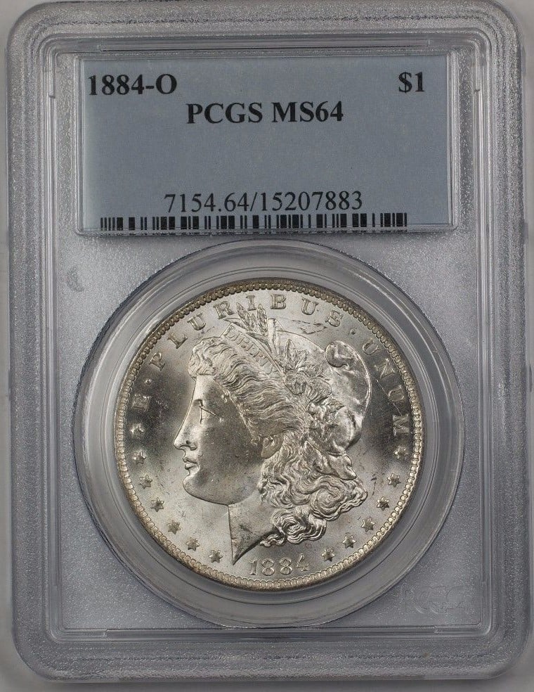 PCGS MS-64 1884-O Morgan Dollar Silver Coin from New Orleans Mint: PCGS MS-64 1884-O Morgan Dollar Silver Coin from New Orleans Mint This 1884-O US Morgan Silver Dollar is certified by PCGS with a grade of MS-64, indicating an uncirculated and well-preserved coin. Mi