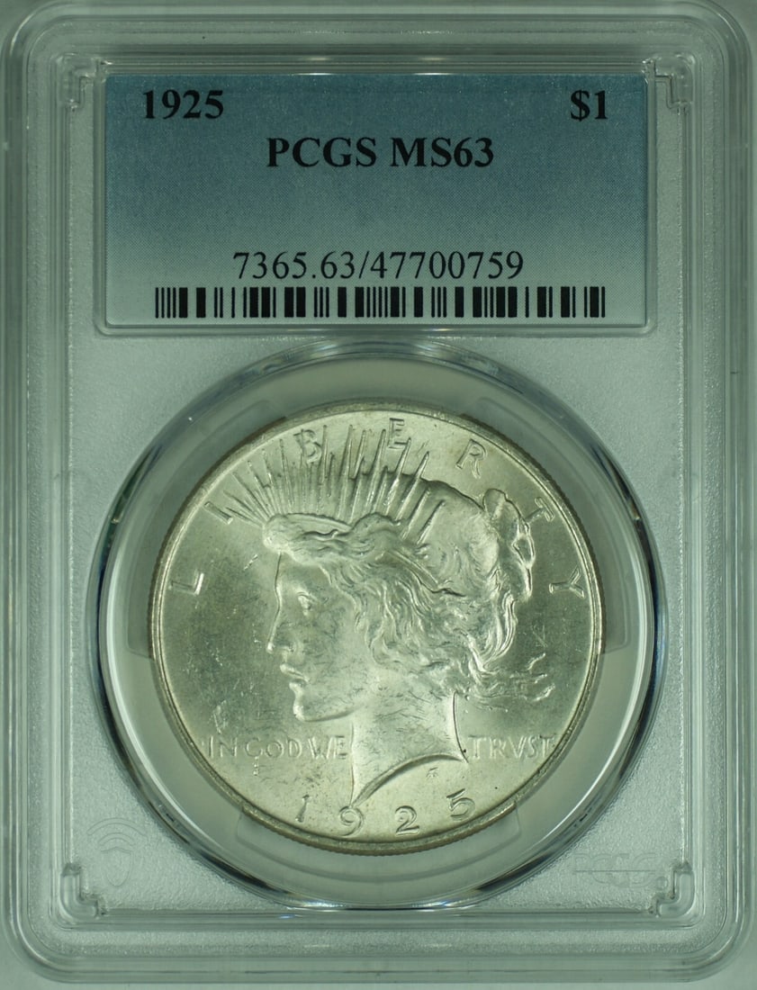 1925 Peace Dollar Silver Coin PCGS MS 63 Certified Uncirculated: 1925 Peace Dollar Silver Coin PCGS MS 63 Certified Uncirculated This is a 1925 Peace Silver $1 Dollar Coin from the United States, featuring the Peace design. The coin is composed of silver and is gra