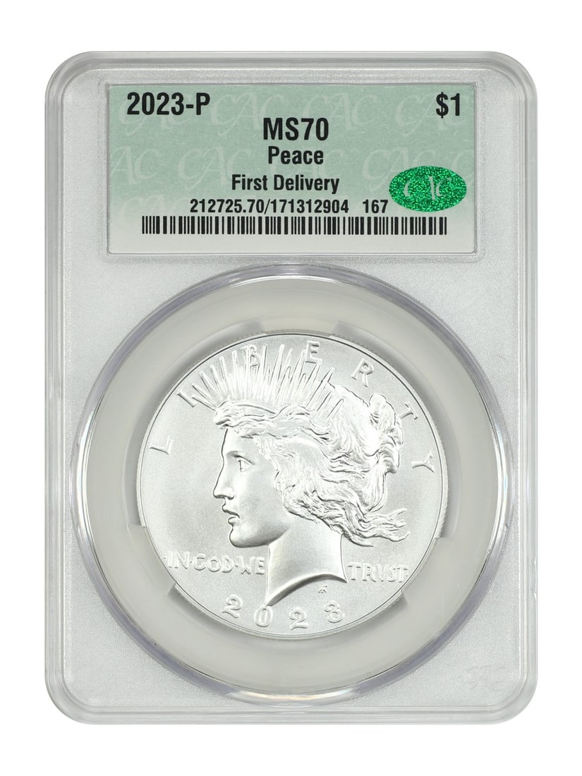 CACG MS70 2023 Philadelphia Peace Dollar First Delivery Uncirculated: CACG MS70 2023 Philadelphia Peace Dollar First Delivery Uncirculated This is a 2023-P Peace Dollar with a denomination of $1, minted in Philadelphia. The coin is certified by CACG with a grade of MS70
