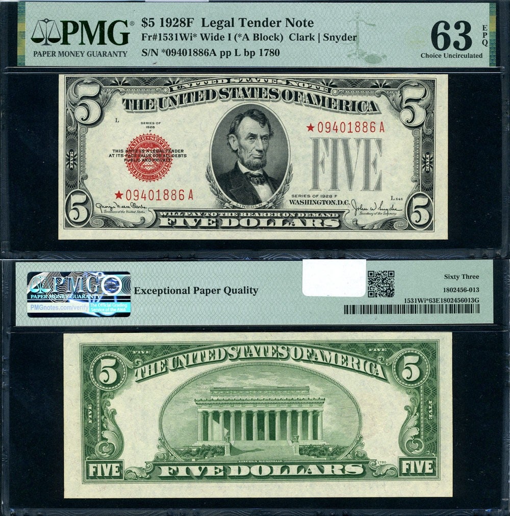 1928-F $5 Legal Tender Star Note PMG CU63 EPQ Choice Uncirculated (1 of 3)