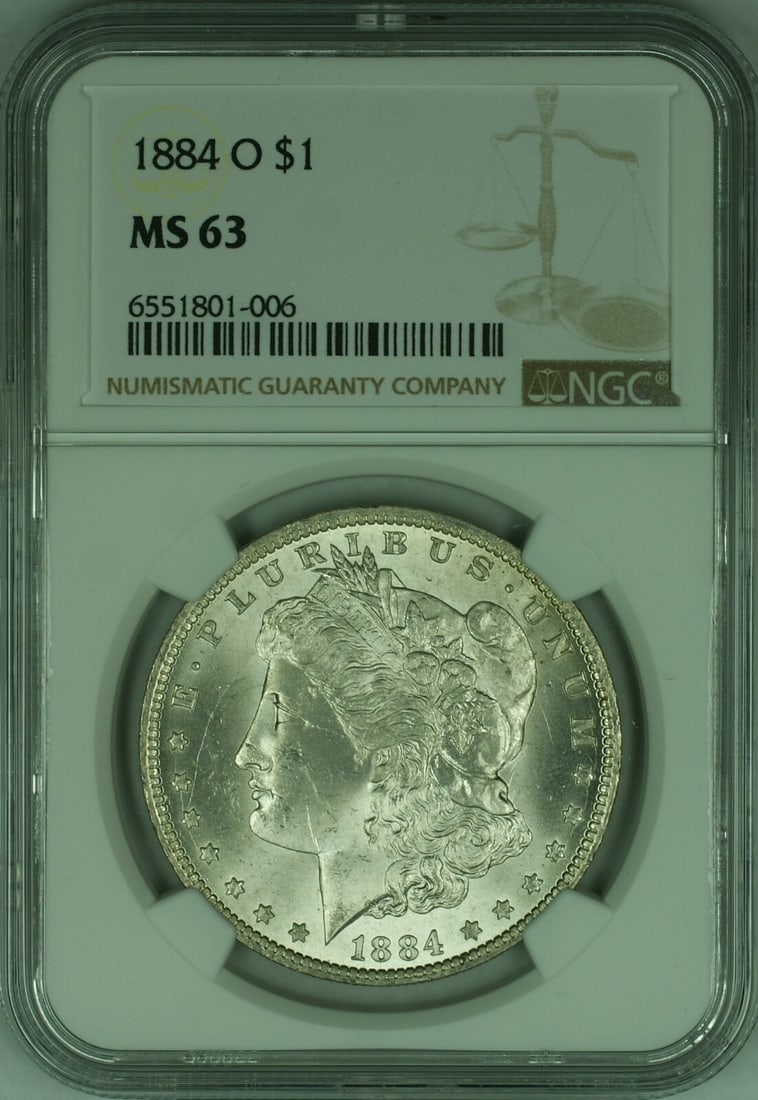 NGC MS-63 1884-O Morgan Silver Dollar from New Orleans Mint: NGC MS-63 1884-O Morgan Silver Dollar from New Orleans Mint This is an 1884-O Morgan Silver Dollar coin graded MS-63 by NGC. Minted in New Orleans, this uncirculated coin features a silver composition
