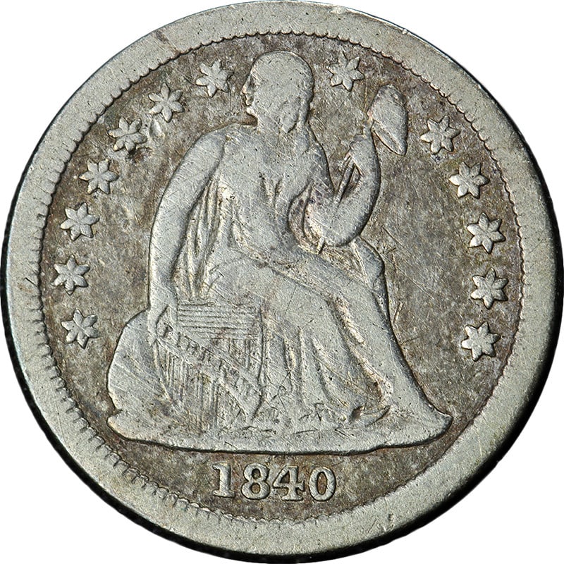 1840-P Seated Liberty Dime Drapery Nice Eye Appeal: 1840-P Seated Liberty Dime Drapery Nice Eye Appeal This 1840-P Seated Liberty Dime 'Drapery' showcases a pleasing eye appeal with a solid strike. The coin is graded as Fine to Very Fine (F/VF), indica