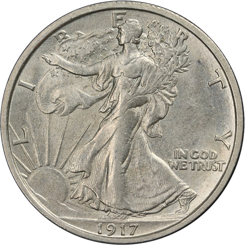 1917-S Walking Liberty Half AU/BU Silver Coin Great Eye Appeal: 1917-S Walking Liberty Half AU/BU Silver Coin Great Eye Appeal This 1917-S Reverse Walking Liberty Half is graded as Choice AU/BU, showcasing exceptional eye appeal with nice luster and a strong strik