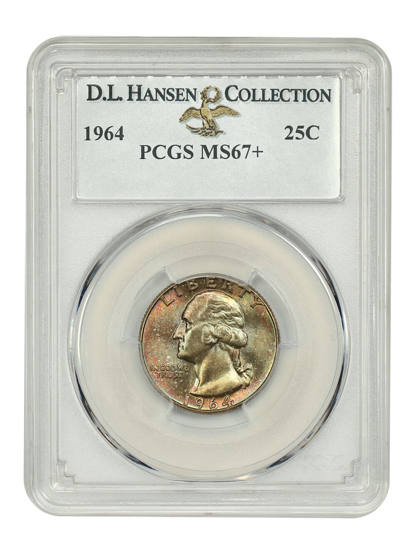 1964 Washington Quarter PCGS MS67+ Stunning Color Toning D.L. Hansen: 1964 Washington Quarter PCGS MS67+ Stunning Color Toning D.L. Hansen This 1964 Washington Quarter, graded MS67+ by PCGS (Certification Number: 83576914), is an exceptional uncirculated coin. It featur