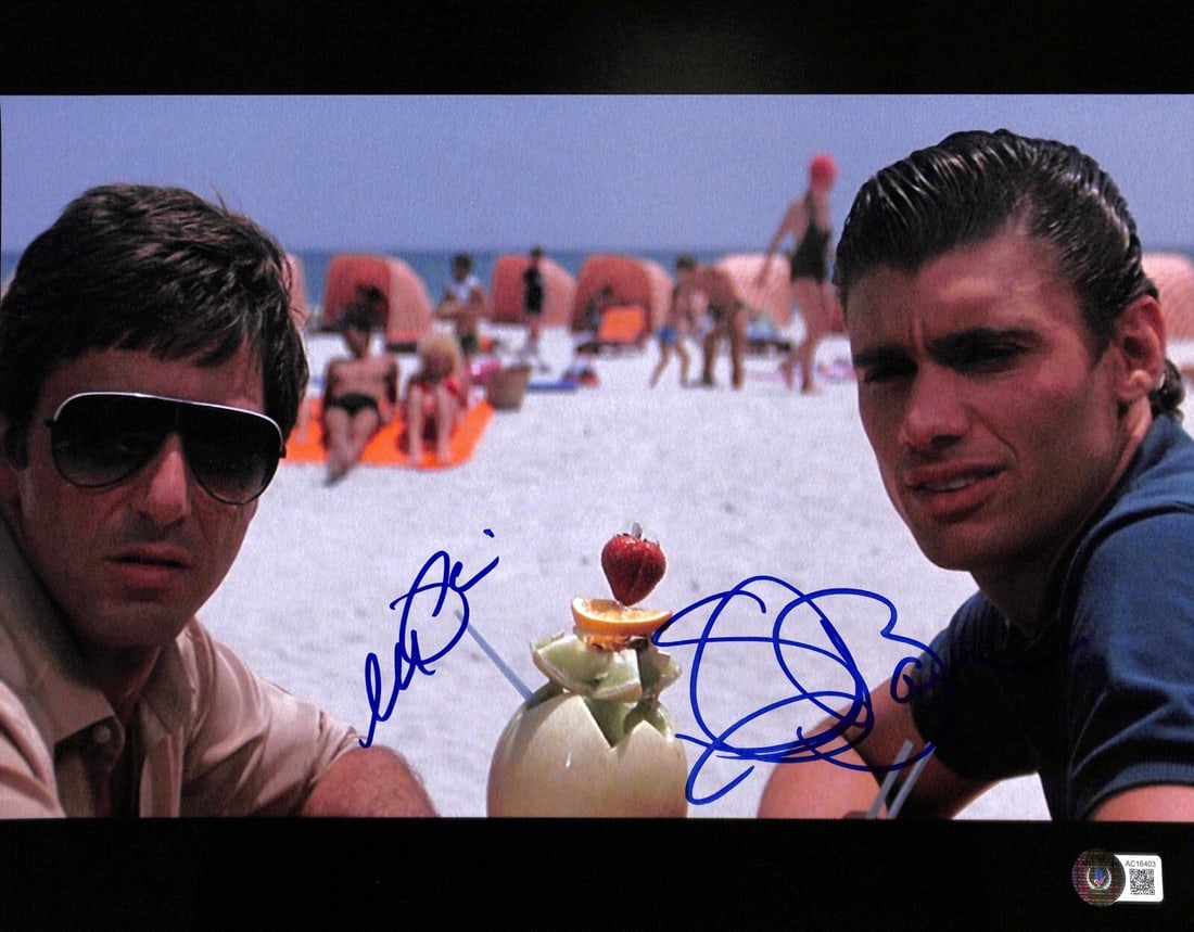 Scarface Al Pacino Steven Bauer Signed 11x14 Photo Beckett LOA Grade 10: Scarface Al Pacino Steven Bauer Signed 11x14 Photo Beckett LOA Grade 10 This striking 11x14 color photograph features the iconic actors Al Pacino and Steven Bauer, both of whom have signed it in blue