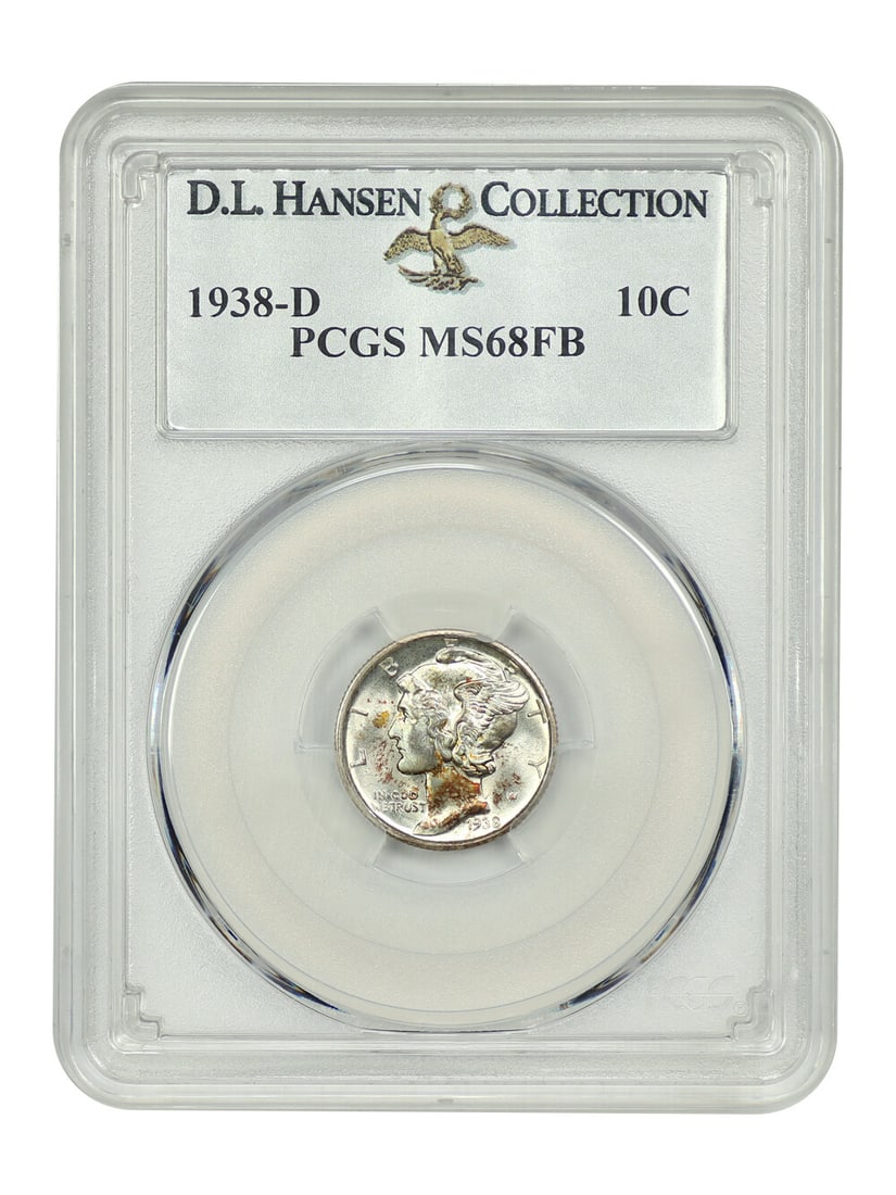 1938-D Mercury Dime 10C PCGS MS68FB Rare Ultra-Gem: 1938-D Mercury Dime 10C PCGS MS68FB Rare Ultra-Gem This 1938-D Mercury Dime is graded MS68FB by PCGS, reflecting its uncirculated condition and exceptional quality. It features a denomination of 10C a