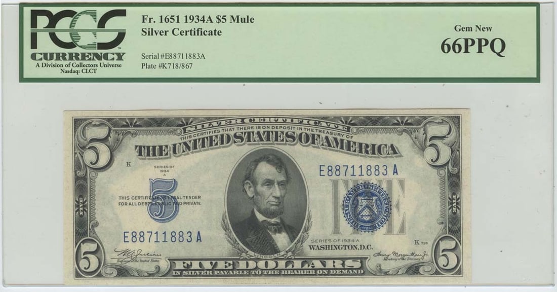 1934A $5 Silver Certificate FR#1651 PCGS 66 Gem New MULE: 1934A $5 Silver Certificate FR#1651 PCGS 66 Gem New MULE This 1934A $5 Silver Certificate (FR#1651) is graded as PCGS 66 PPQ, indicating it is in Gem New condition. With its Uncirculated status, this