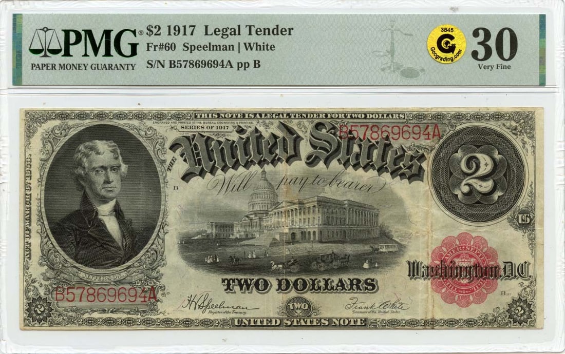 1917 $2 Legal Tender United States Note PMG VF30 FR60: 1917 $2 Legal Tender United States Note PMG VF30 FR60 This 1917 $2 Legal Tender Note features a distinctive red scalloped design and has been graded by PMG at VF30. This note is a remarkable piece of