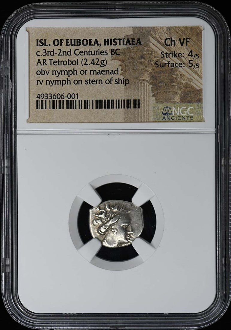 Ancient Greek Tetrobol Coin Histiaea Euboea NGC VF30 3rd-2nd Century BC: Ancient Greek Tetrobol Coin Histiaea Euboea NGC VF30 3rd-2nd Century BC This ancient Greek Tetrobol from Histiaea on the island of Euboea dates back to the 3rd-2nd centuries BC. It has been certified