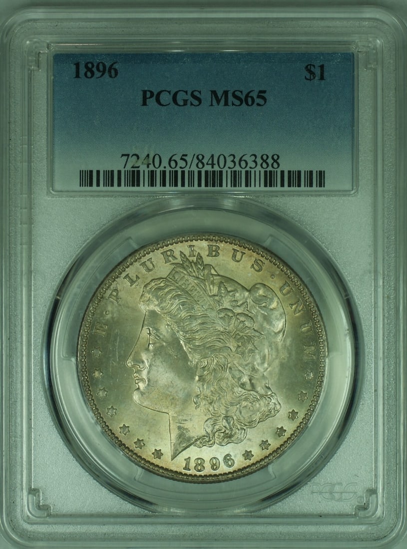 PCGS MS 65 1896 Morgan Silver Dollar with Attractive Toning: PCGS MS 65 1896 Morgan Silver Dollar with Attractive Toning This 1896 Morgan Silver Dollar features attractive toning and is graded MS 65 by PCGS. Struck in silver, this uncirculated coin originates f