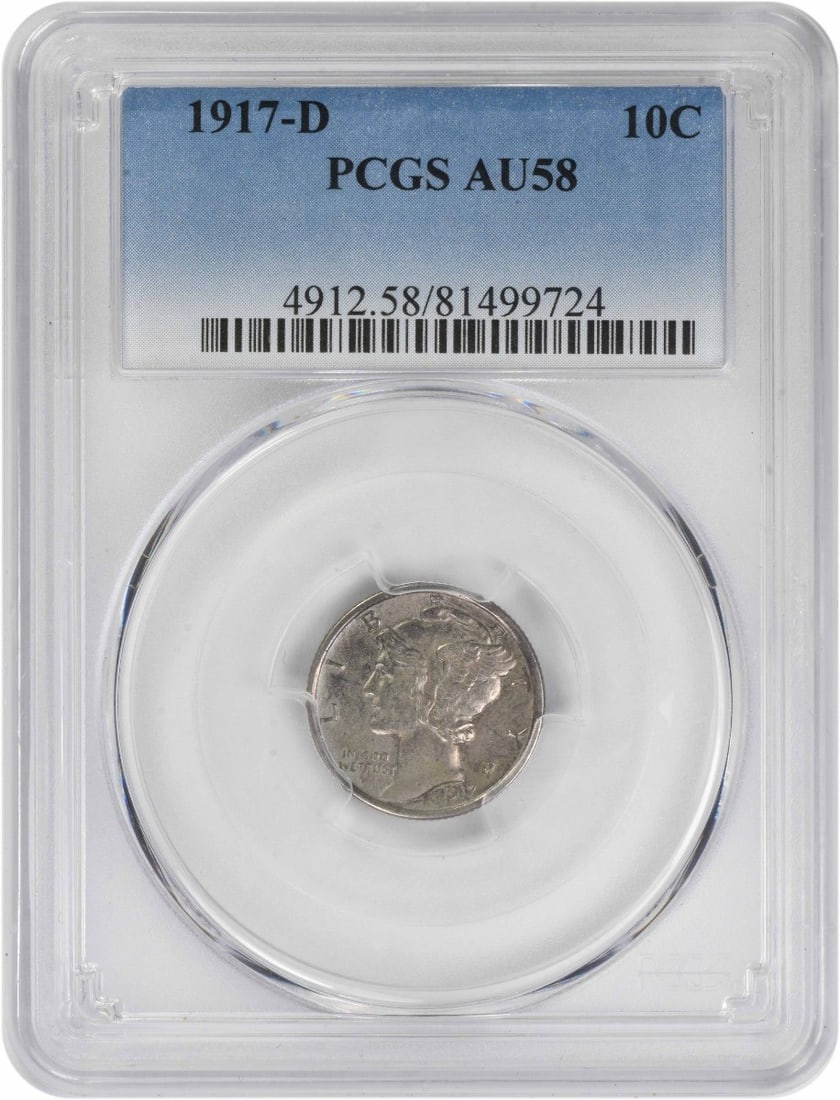 AU58 PCGS Certified 1917 Denver Mercury Dime 10C Silver Coin: AU58 PCGS Certified 1917 Denver Mercury Dime 10C Silver Coin This 1917-D Mercury Dime is graded AU58 by PCGS, indicating it is an un-used coin with minimal wear. Struck at the Denver Mint, this classi