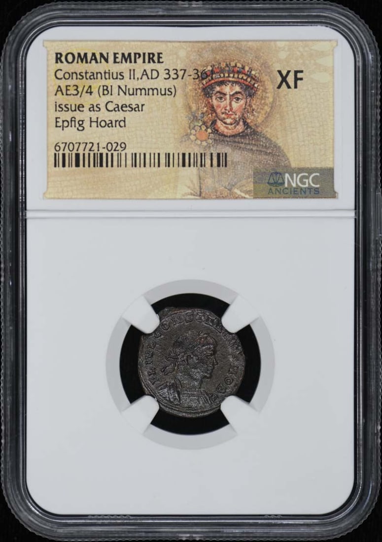 NGC XF40 Constantius II Ancient Roman AE3/4 BI Nummus Coin: NGC XF40 Constantius II Ancient Roman AE3/4 BI Nummus Coin This is an Ancient Roman AE3/4 (BI Nummus) coin from the reign of Constantius II, dating from AD 337-361. The coin has been certified by NGC