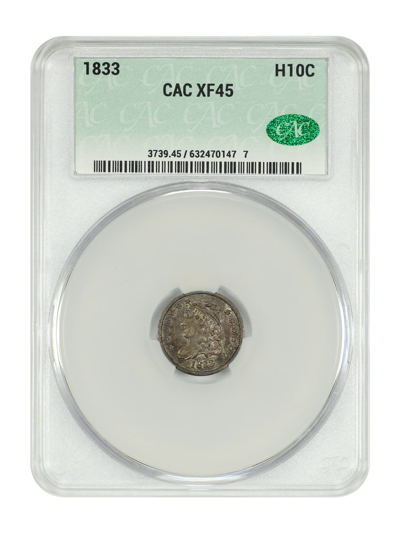 1833 Capped Bust Half Dime CACG XF45 Certified Coin: 1833 Capped Bust Half Dime CACG XF45 Certified Coin This 1833 Capped Bust Half Dime is a circulated coin certified by CACG with a grade of XF45. Minted in Philadelphia, it belongs to the Capped Bust H