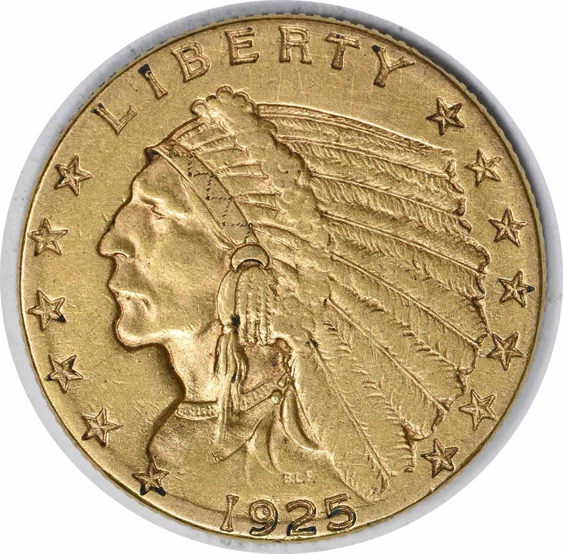 1925-D $2.50 Gold Indian Coin by Bela Lyon Pratt Uncertified: 1925-D $2.50 Gold Indian Coin by Bela Lyon Pratt Uncertified This 1925-D $2.50 Gold Indian coin features a design by Bela Lyon Pratt and is composed of 90% gold and 10% copper. It has been circulated