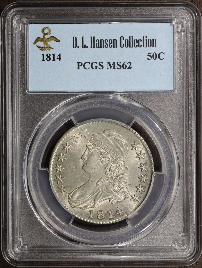 1814 Capped Bust Half Dollar 50C MS62 PCGS D.L Hansen Collection: 1814 Capped Bust Half Dollar 50C MS62 PCGS D.L Hansen Collection This 1814 Capped Bust Half Dollar (50C) is a remarkable piece from the D.L. Hansen Collection. Graded MS62 by PCGS, this uncirculated c