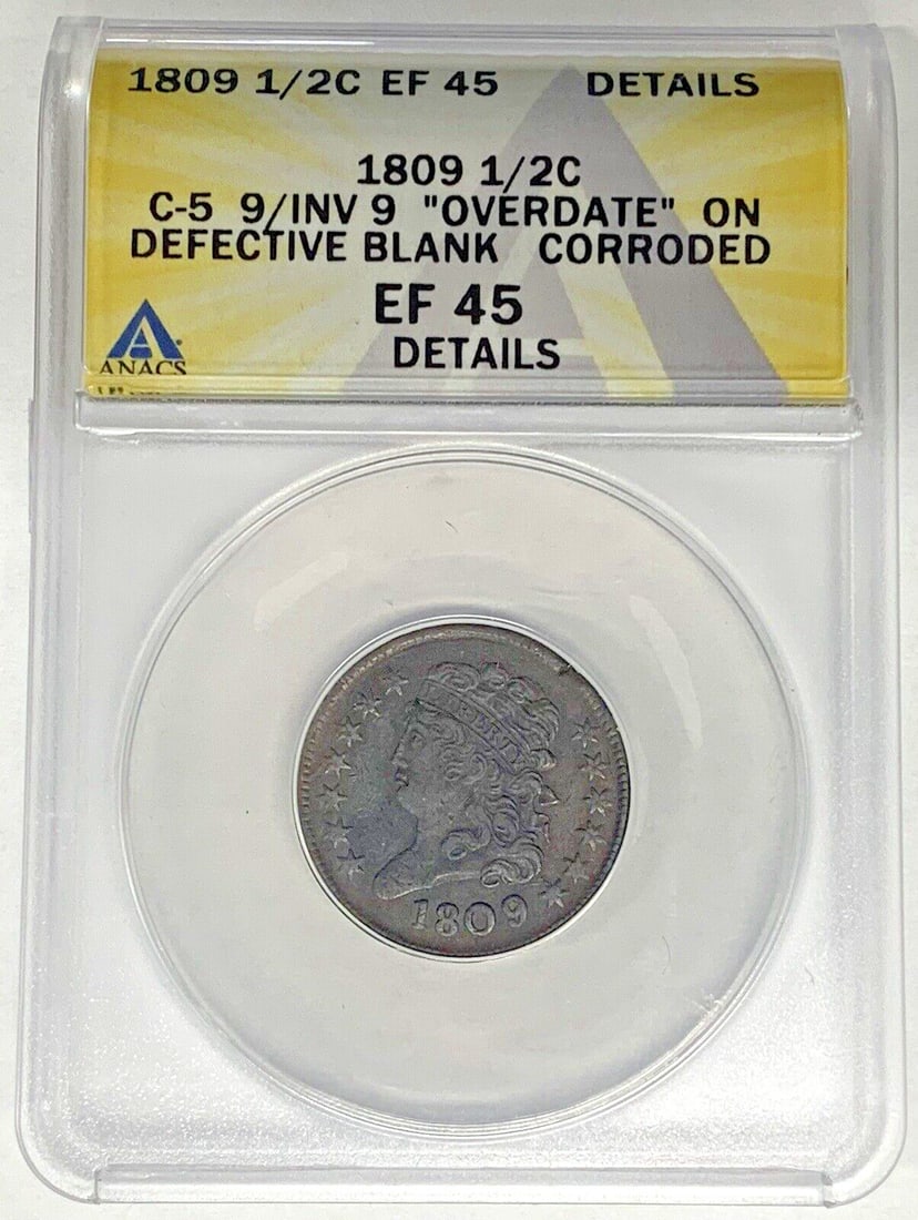 ANACS XF 45 Classic Head Half Cent 1809 With Overdate And Defective Blank: ANACS XF 45 Classic Head Half Cent 1809 With Overdate And Defective Blank This 1809 Classic Head Half Cent features an overdate and a defective blank, graded XF 45 Details by ANACS. The coin is circul