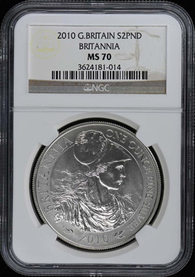 2010 Great Britain Britannia 2 Pound Coin NGC MS70: 2010 Great Britain Britannia 2 Pound Coin NGC MS70 This 2010 Great Britain Britannia coin is certified by NGC with a grade of MS70, indicating it is in pristine condition. The coin is uncirculated and