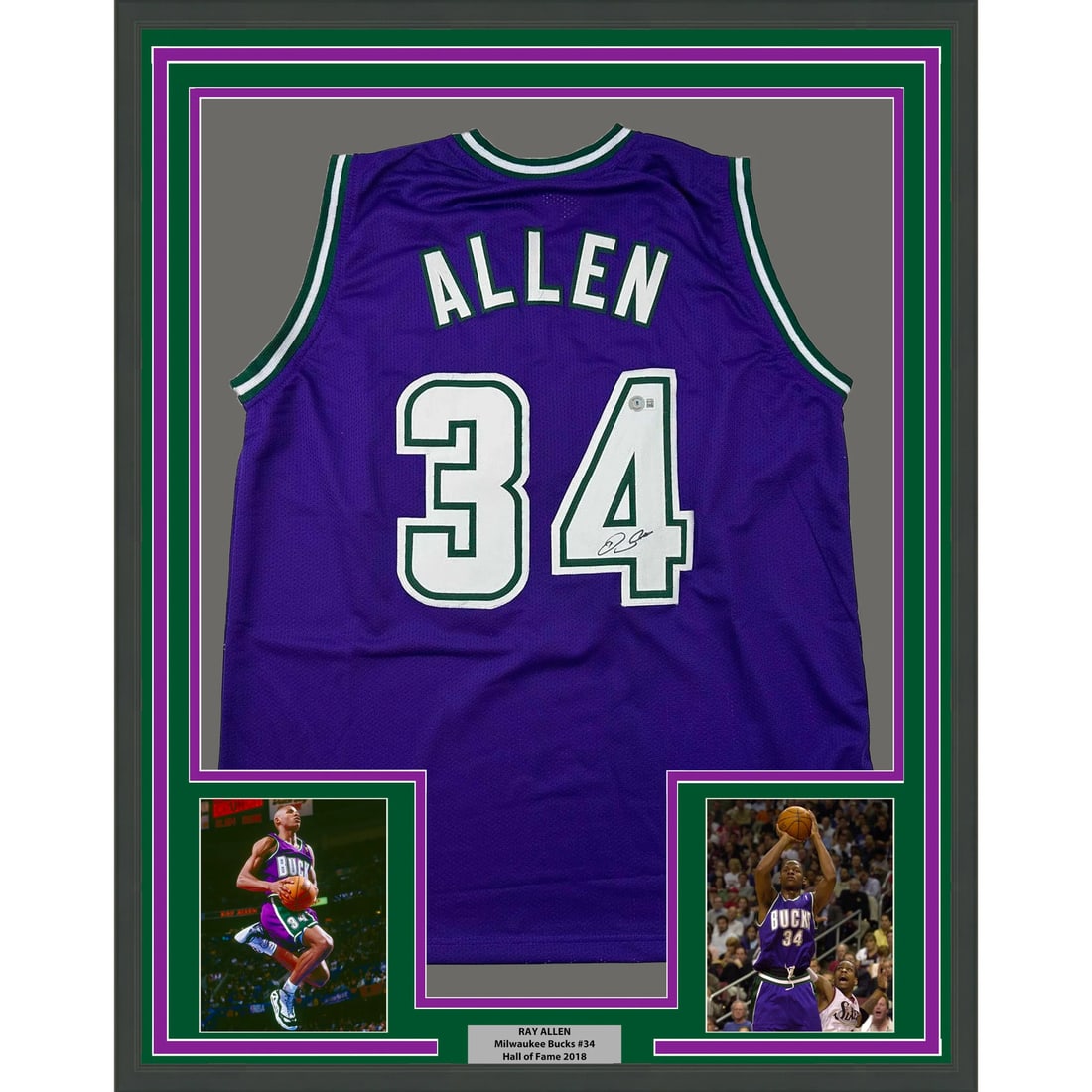 Framed Ray Allen Autographed Jersey Milwaukee Bucks BAS COA: Framed Ray Allen Autographed Jersey Milwaukee Bucks BAS COA Celebrate the legacy of Ray Allen with this professionally framed and autographed Milwaukee Bucks purple jersey. Authenticated by Beckett Gr