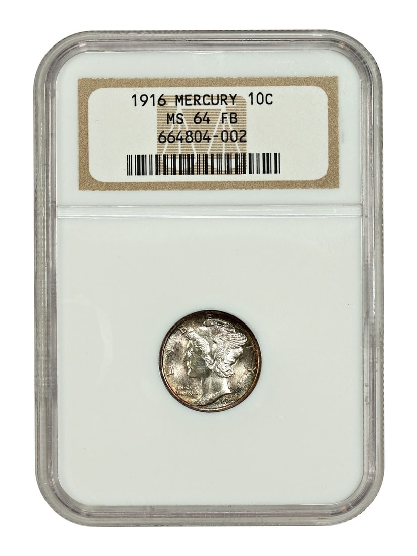 NGC MS64FB 1916 Mercury Dime Philadelphia First Year Uncirculated 10C Coin: NGC MS64FB 1916 Mercury Dime Philadelphia First Year Uncirculated 10C Coin This 1916 Mercury Dime is a first-year issue graded MS64FB by NGC. The coin is uncirculated, features a full bands designatio