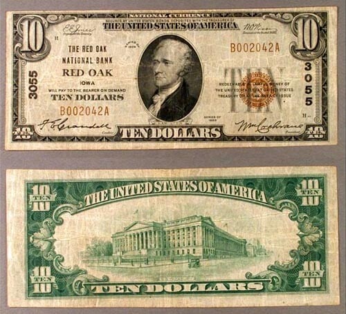 1929 T-1 $10 National Bank Note Red Oak Iowa Charter 3055 Very Fine (1 of 1)