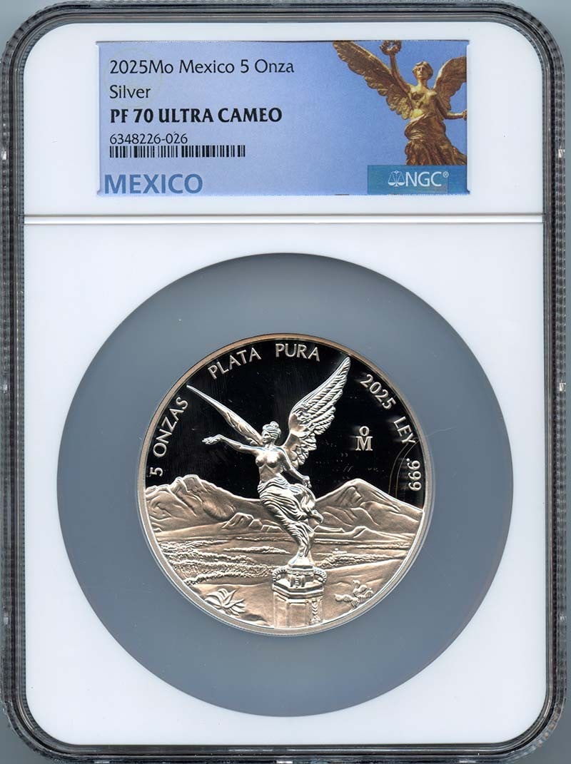 NGC PF70 Ultra Cameo 2025 Mexico 5 Onza Silver Libertad Coin Low Mintage 400: NGC PF70 Ultra Cameo 2025 Mexico 5 Onza Silver Libertad Coin Low Mintage 400 This is a 2025 Mo Mexico 5 Onza Libertad silver coin, certified by NGC with a grade of PF70 Ultra Cameo. It features a low