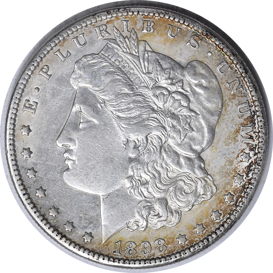 San Francisco Mint 1898 S Morgan Dollar AU Grade Uncertified Silver Coin: San Francisco Mint 1898 S Morgan Dollar AU Grade Uncertified Silver Coin This is an 1898-S Morgan Silver Dollar from the United States, minted in San Francisco. The coin is composed of 90% silver and