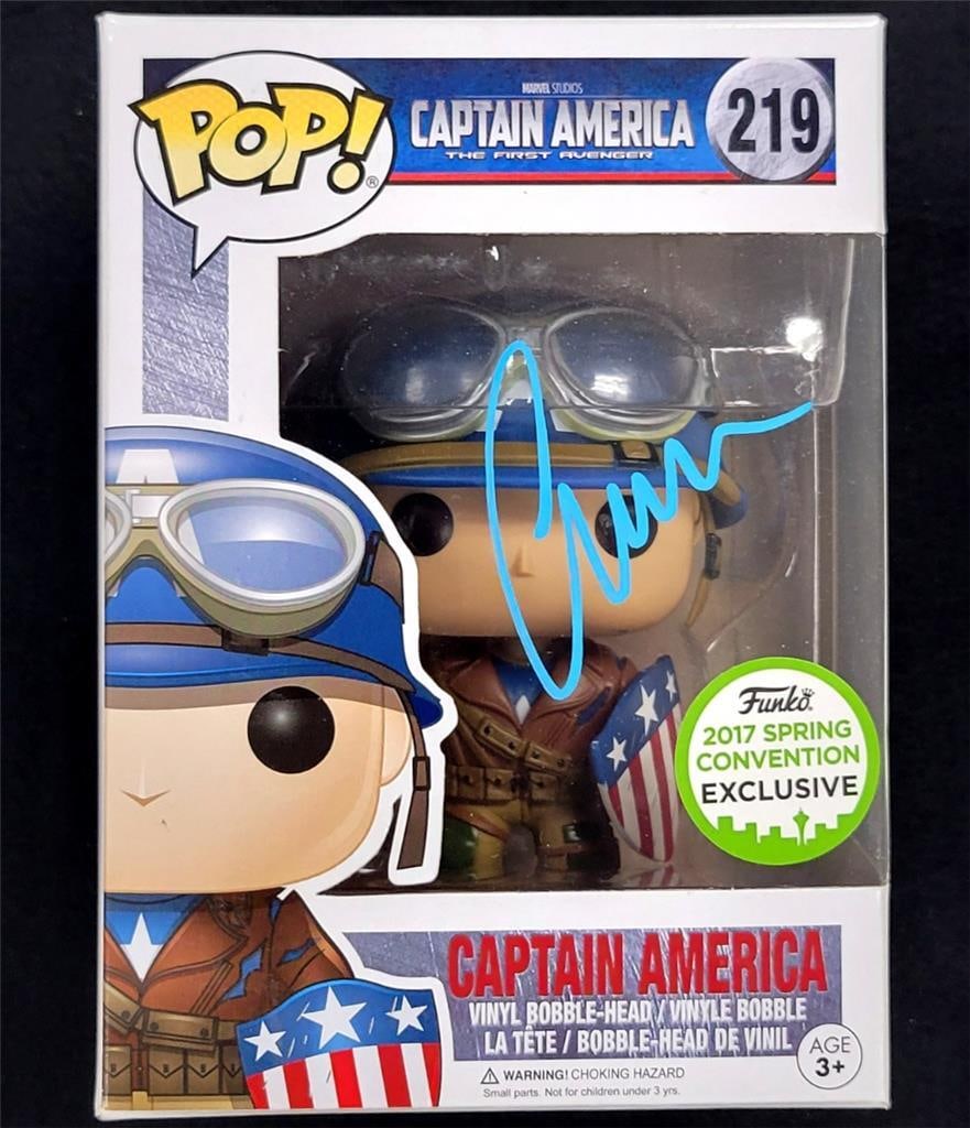 Chris Evans Signed Captain America Funko Pop #219 Exclusive Beckett Authenticated: Chris Evans Signed Captain America Funko Pop #219 Exclusive Beckett Authenticated This is an original 2017 Spring Exclusive Funko Pop! figure of Captain America, signed by Chris Evans. The item comes