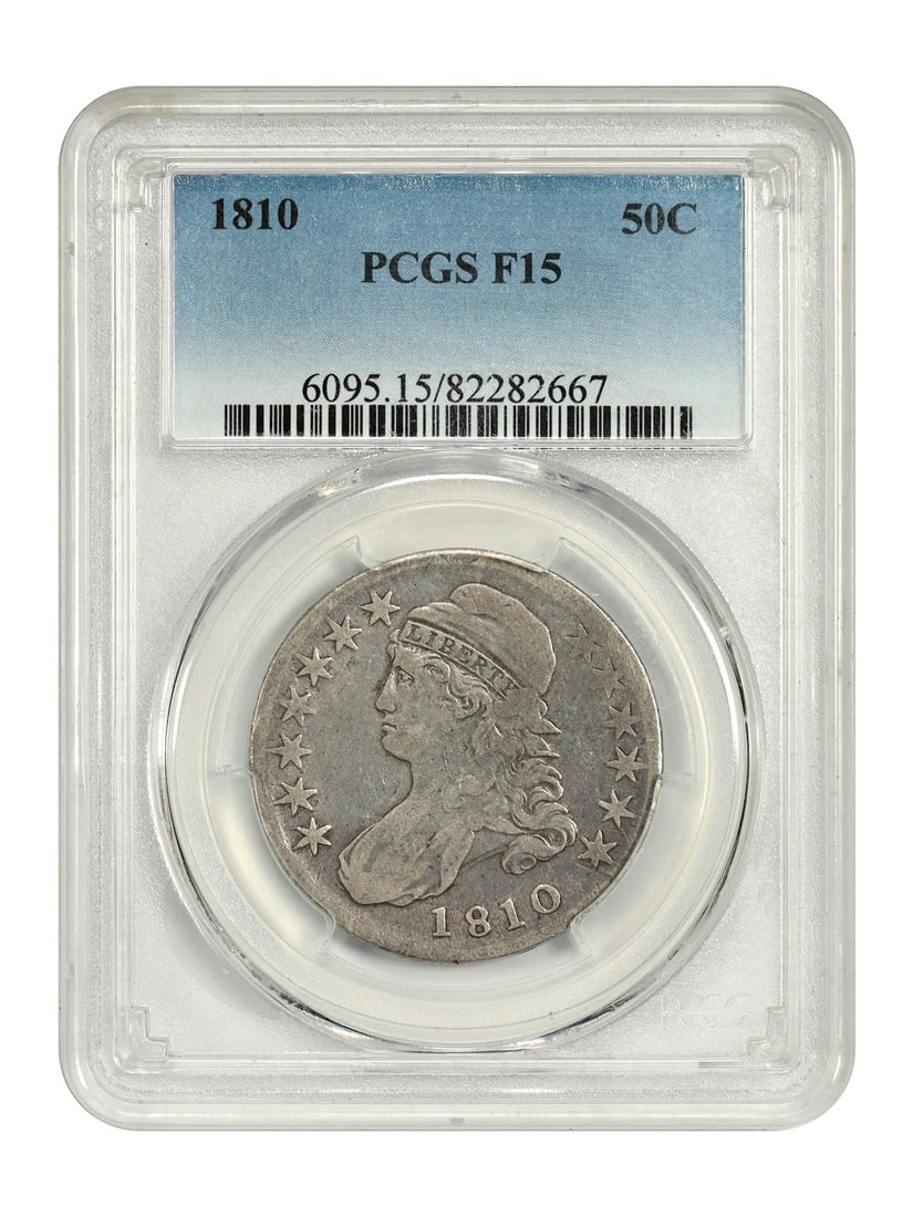 PCGS Graded 1810 Capped Bust Half Dollar Coin Fine 15: PCGS Graded 1810 Capped Bust Half Dollar Coin Fine 15 This is an 1810 Capped Bust Half Dollar graded Fine 15 by PCGS. The coin is circulated and was minted in Philadelphia. It belongs to the Capped Bu