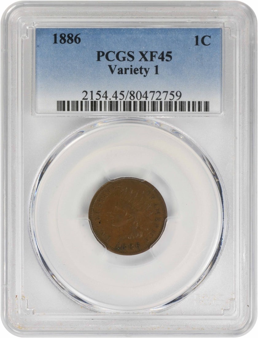 1886 Indian Head Cent EF45 PCGS Certified Copper Coin: 1886 Indian Head Cent EF45 PCGS Certified Copper Coin This 1886 Indian Cent is a remarkable collectible piece, showcasing the Indian Head design crafted by James Barton Longacre. Certified by PCGS at