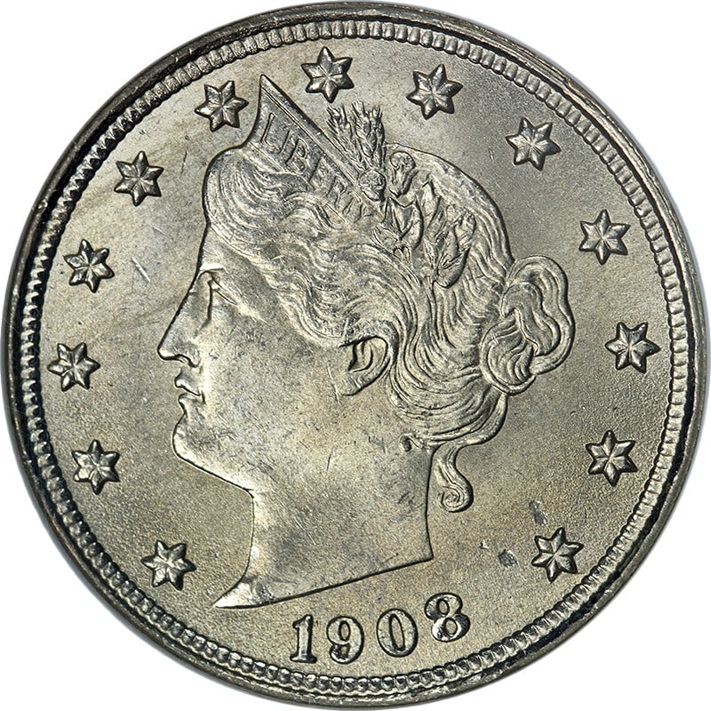 NGC MS64 1908 Liberty V Nickel Uncirculated Coin with Strong Luster: NGC MS64 1908 Liberty V Nickel Uncirculated Coin with Strong Luster This original 1908 Liberty V Nickel is certified by NGC with a grade of MS64. It features great eye appeal, nice luster, and a stron