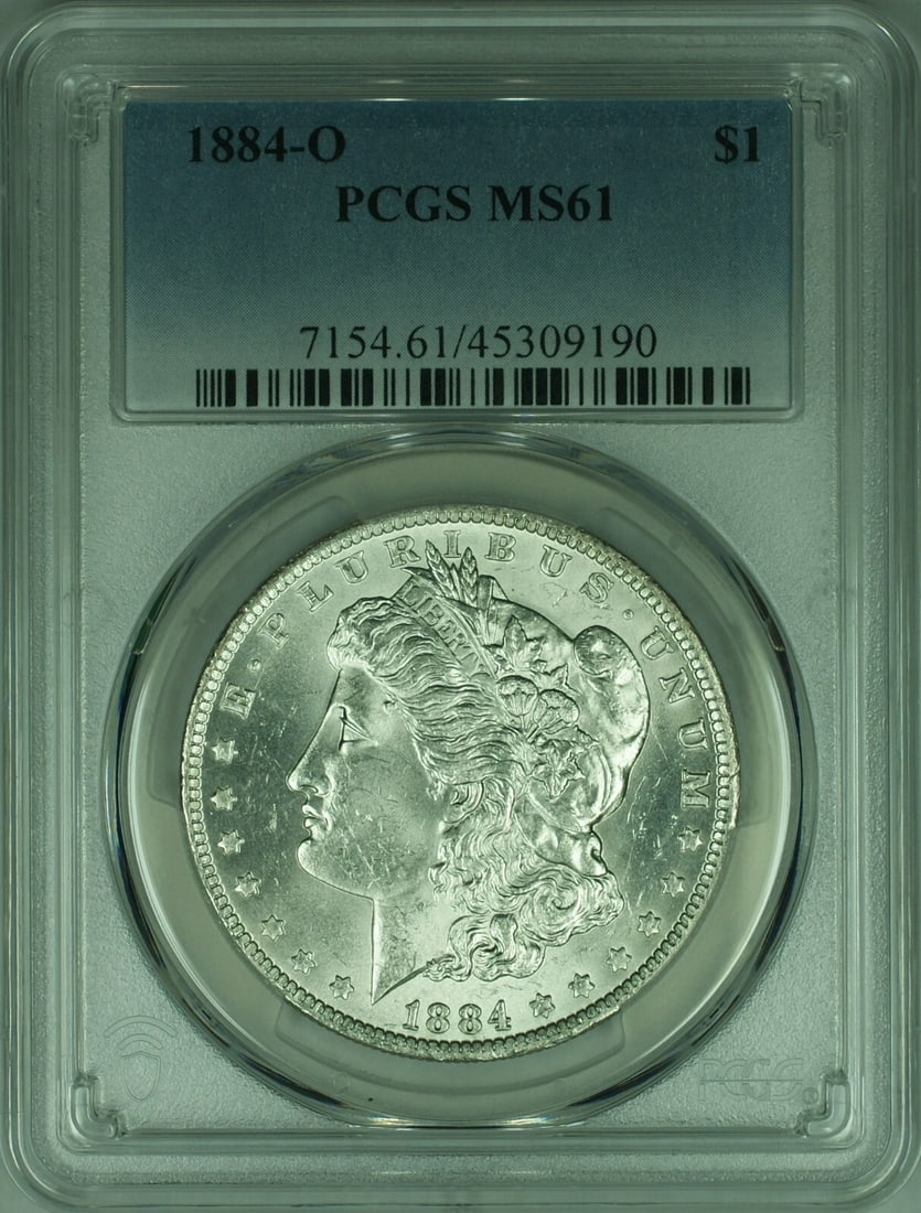 PCGS MS61 1884-O Morgan Dollar Silver Coin from New Orleans Mint: PCGS MS61 1884-O Morgan Dollar Silver Coin from New Orleans Mint This is an 1884-O Morgan Silver Dollar coin, certified by PCGS with a grade of MS 61. Minted in New Orleans, this uncirculated coin fea