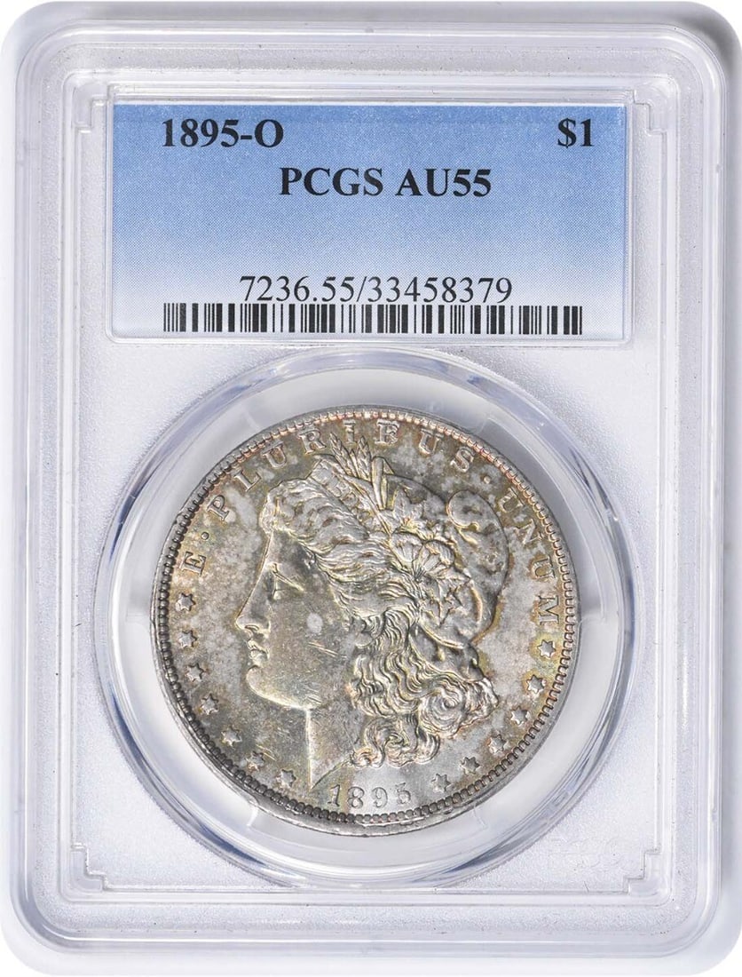 1895-O Morgan Silver Dollar AU55 PCGS New Orleans Coin: 1895-O Morgan Silver Dollar AU55 PCGS New Orleans Coin This 1895-O Morgan Silver Dollar is a remarkable coin, graded AU55 by PCGS. With a composition of 90% silver and 10% copper, this piece showcases