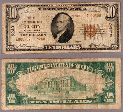 1929 Type 2 $10 National Bank Note Oil City Pennsylvania Ch 5240 (1 of 1)