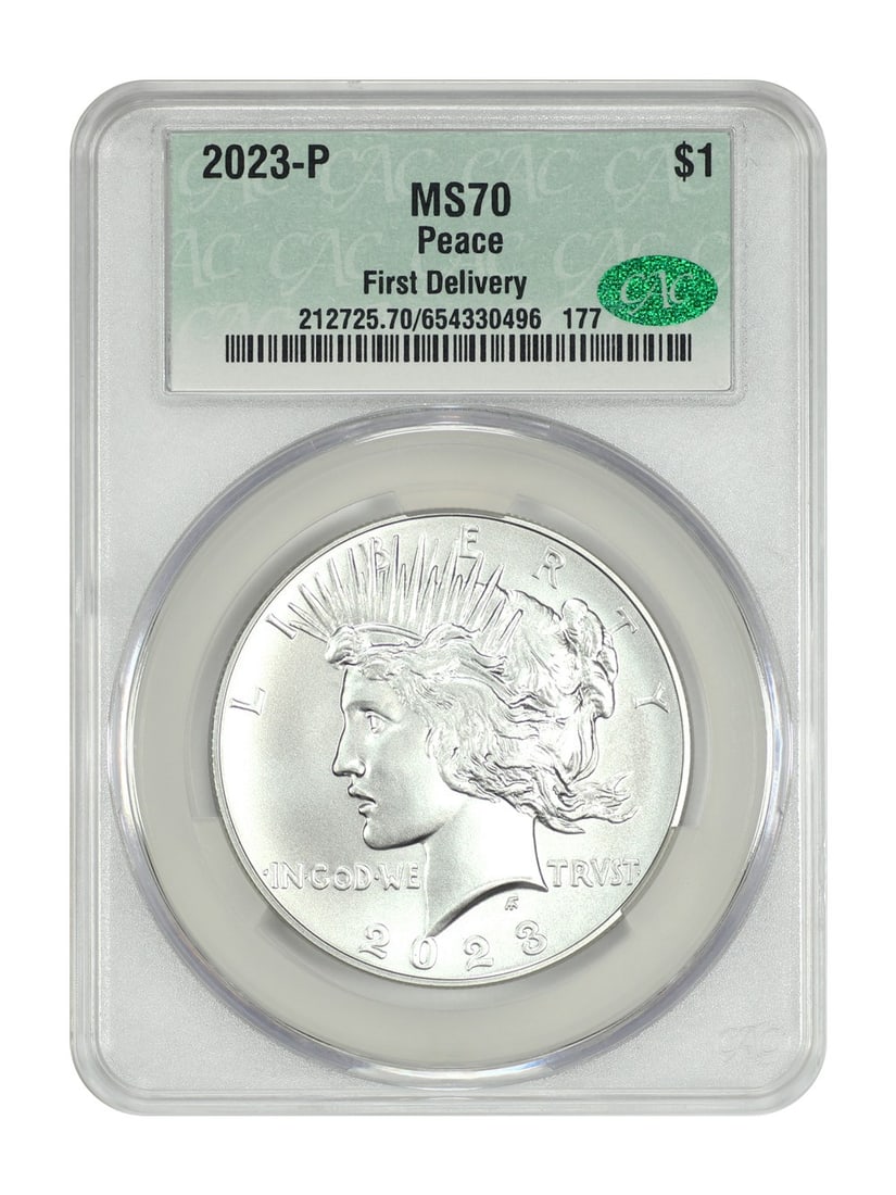CACG MS70 2023 Philadelphia Peace Dollar First Delivery: CACG MS70 2023 Philadelphia Peace Dollar First Delivery This is a 2023-P Peace Dollar, graded MS70 by CACG with a First Delivery designation. The coin is uncirculated and was minted in Philadelphia. I