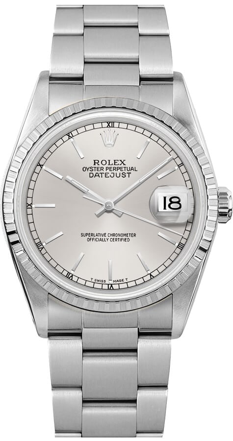 Rolex Datejust Oyster 16220 Silver Stick Dial with Papers 1994: Rolex Datejust Oyster 16220 Silver Stick Dial with Papers 1994 This is a Rolex Datejust men's watch, reference number 16220, featuring a silver stick dial and an engine-turned bezel. The watch is equi