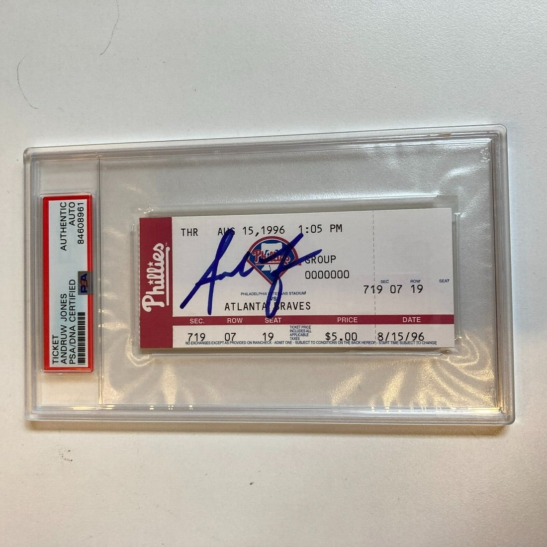 Andruw Jones Signed MLB Debut Ticket August 15 1996 PSA DNA 1 of 1: Andruw Jones Signed MLB Debut Ticket August 15 1996 PSA DNA 1 of 1 Celebrate a significant moment in baseball history with this original ticket from Andruw Jones' MLB debut on August 15, 1996. This ti